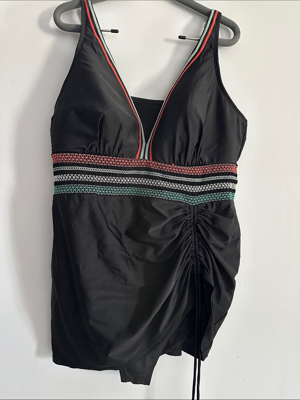 Swim by cacique Black Ruched Swimdress with Color-Trim Band size 20